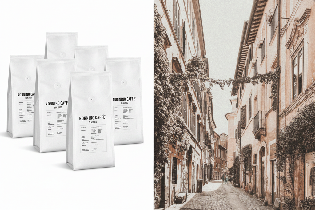 6 NonninoCaffee Classico Packungen als Abo mit italienischem Bergdorf als Szenerie